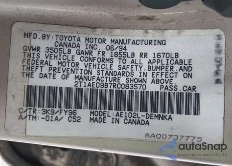 1994 Toyota Corolla Le/Dx from USA, damaged, VIN 2T1AE09B7RC083570